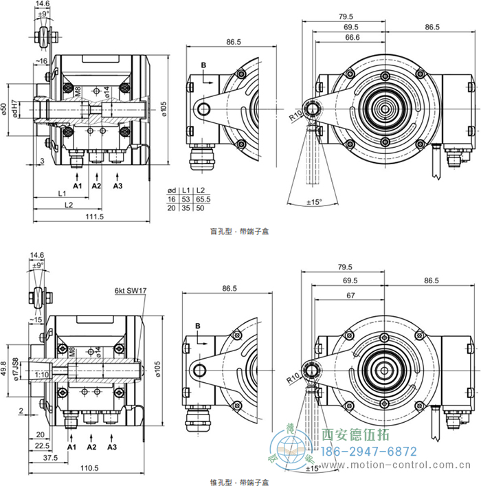 HMG10P-B - EtherNet/IP絕對值重載編碼器外形及安裝尺寸(盲孔型或錐孔型) - 西安德伍拓自動化傳動系統(tǒng)有限公司