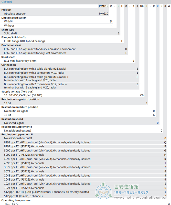 PMG10 - CANopen®絕對值重載編碼器訂貨選型參考(?11 mm實心軸，帶歐式法蘭B10或外殼支腳) - 西安德伍拓自動化傳動系統(tǒng)有限公司