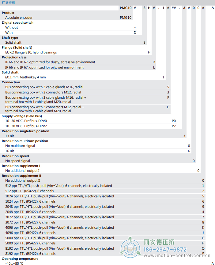 PMG10 - Profibus DP絕對值重載編碼器訂貨選型參考(?11 mm實心軸，帶歐式法蘭B10或外殼支腳 (B3)) - 西安德伍拓自動化傳動系統(tǒng)有限公司